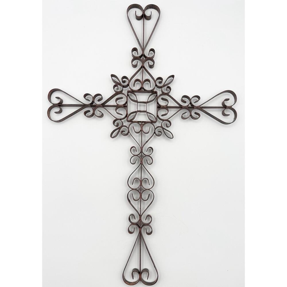 Vintage Wrought Iron Wall Cross Rustic Metal Scrollwork Home Decor 18 x 12 Heart